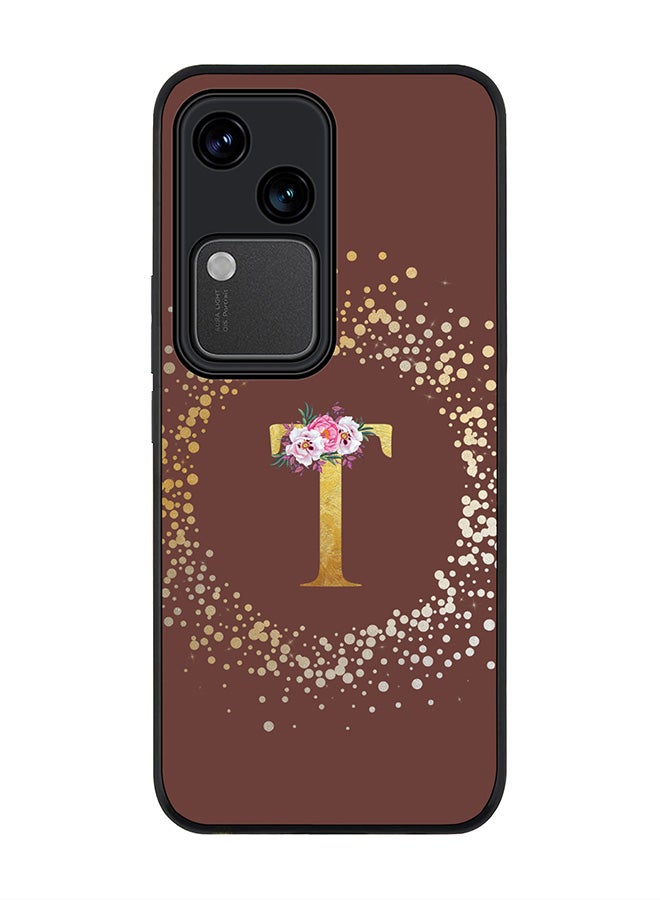 Stylizedd Rugged Black edge case for Vivo V30 5G, Slim fit Flexible Cover -  Custom Monogram Initial Letter Floral Pattern Alphabet - T  (Brown ) - Image 1