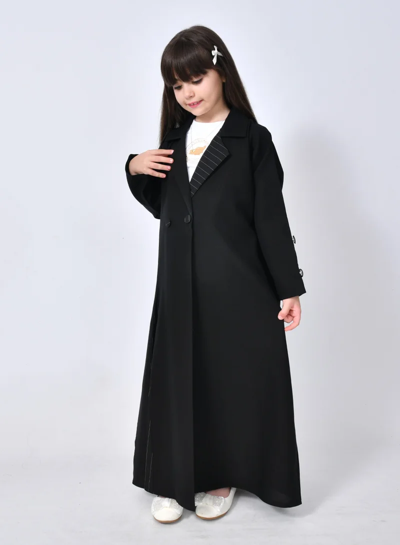 HAWRAA ABAYA Talia Abaya: Girls' formal cut with front pleats and striped fabric overlay