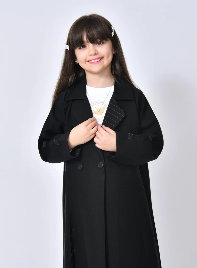 HAWRAA ABAYA Talia Abaya: Girls' formal cut with front pleats and striped fabric overlay