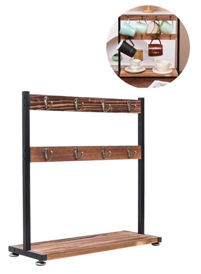 بالمعنى حامل أكواب بطبقتين من الخشب والحديد مع خطافات مزدوجة، رف تخزين لأكواب القهوة والماج - Image 1