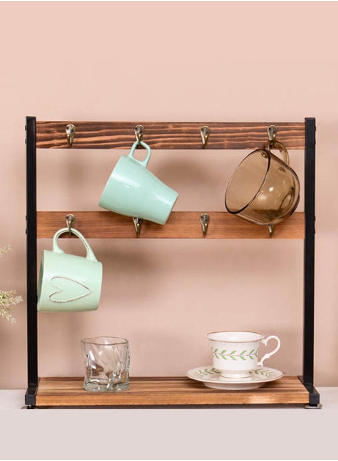 بالمعنى حامل أكواب بطبقتين من الخشب والحديد مع خطافات مزدوجة، رف تخزين لأكواب القهوة والماج - Image 2