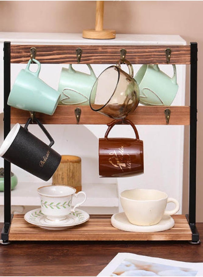 بالمعنى حامل أكواب بطبقتين من الخشب والحديد مع خطافات مزدوجة، رف تخزين لأكواب القهوة والماج - Image 4