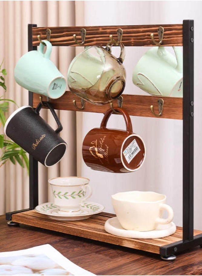 INSENSE Wood and Iron Double-Layer Mug Rack with Double-Sided Hooks, Coffee Cup and Mug Storage Stand - Image 4
