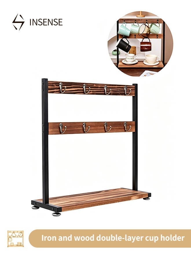 INSENSE Wood and Iron Double-Layer Mug Rack with Double-Sided Hooks, Coffee Cup and Mug Storage Stand - Image 1