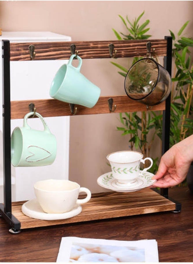 INSENSE Wood and Iron Double-Layer Mug Rack with Double-Sided Hooks, Coffee Cup and Mug Storage Stand - Image 5