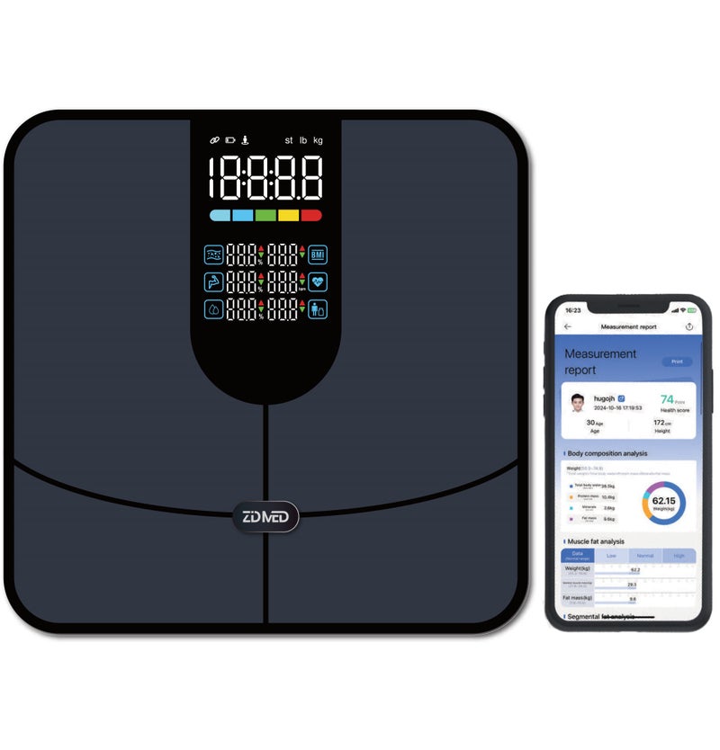 زدميد ميزان Zidmed ذكي بخاصية البلوتوث لتحليل تكوين الجسم (13+ مقياس) – تصميم 4 أقطاب عالية الدقة - Image 1