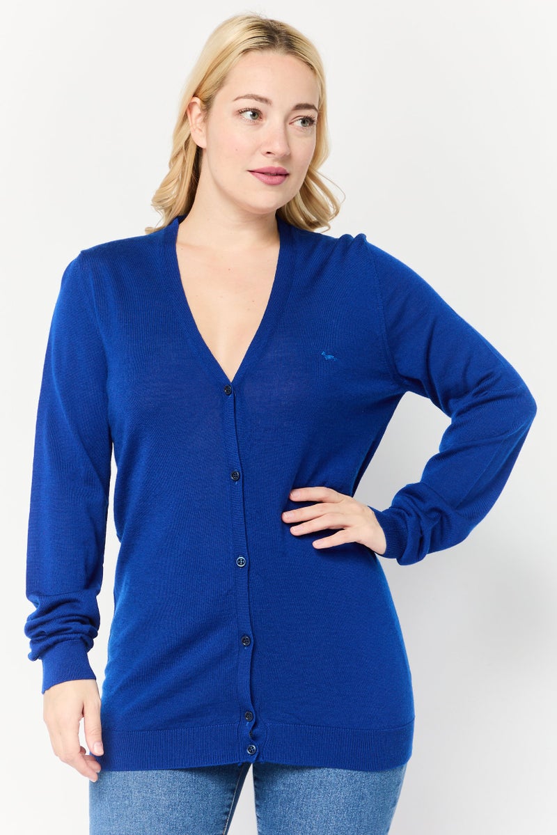 Harmont & Blaine Women V-Neck Embroidered Logo Cardigans, Blue - Image 1