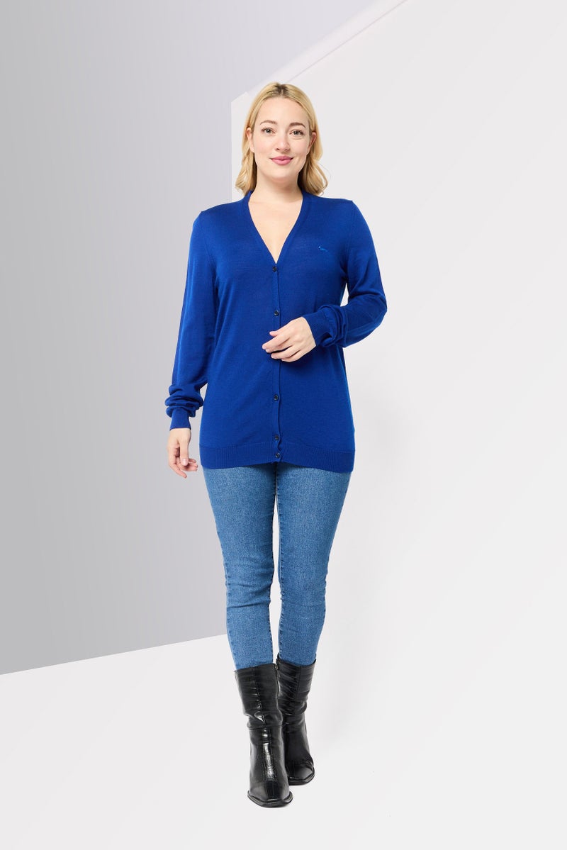 Harmont & Blaine Women V-Neck Embroidered Logo Cardigans, Blue - Image 2
