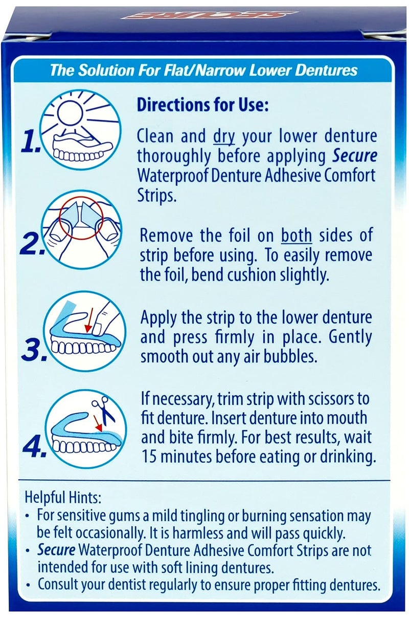 secure Secure Comfort Strips Waterproof Denture Adhesive - Zinc Free - Extra Firm Hold For Lower Dentures - 15 Count (Pack of 2) - Image 2