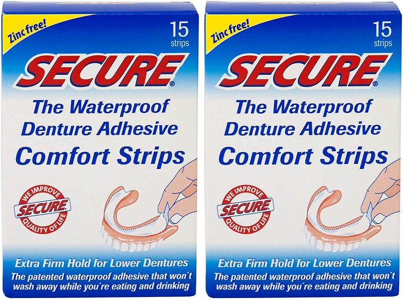 secure Secure Comfort Strips Waterproof Denture Adhesive - Zinc Free - Extra Firm Hold For Lower Dentures - 15 Count (Pack of 2) - Image 1