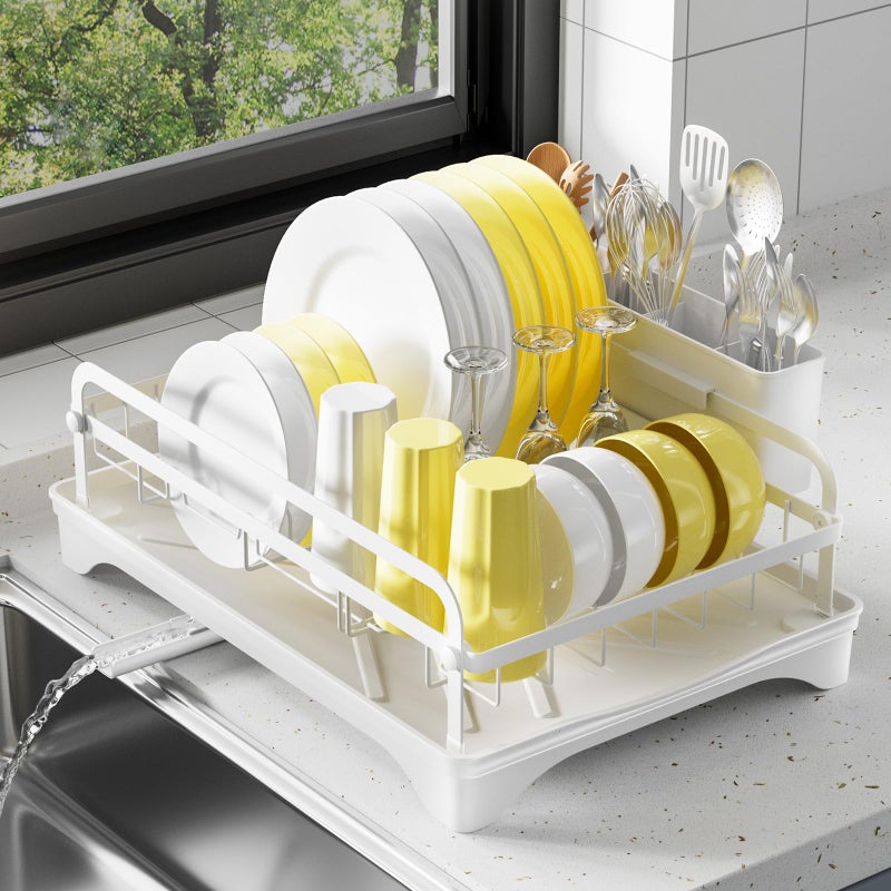 LIYI Dish Drying Rack for Kitchen Counter - Kitchen Dish Rack with Drainboard, Small Dish Drainer with Utensil Holder for Sink, 16.5" D x 11.6" W x 6.6" H, White - Image 1