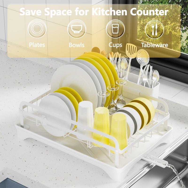 LIYI Dish Drying Rack for Kitchen Counter - Kitchen Dish Rack with Drainboard, Small Dish Drainer with Utensil Holder for Sink, 16.5" D x 11.6" W x 6.6" H, White - Image 2