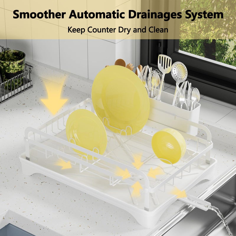 LIYI Dish Drying Rack for Kitchen Counter - Kitchen Dish Rack with Drainboard, Small Dish Drainer with Utensil Holder for Sink, 16.5" D x 11.6" W x 6.6" H, White - Image 3