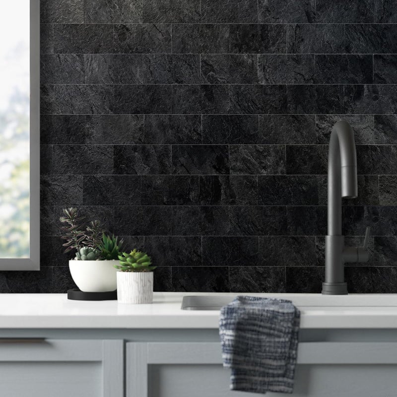 AULIGET 200 Pieces Black Slate Peel and Stick Backsplash Wall Tiles, 3" x 6" PVC Faux Stone Stick on Tiles for Backsplash Kitchen, Bathroom, Laundry Room, Camper, Fireplace - Image 2