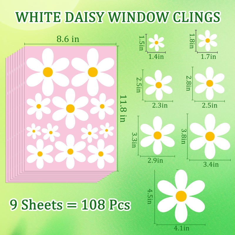 AOWDIAO 108 Pcs White Daisy Window Clings - 9 Sheets, Double-Sided Flower Glass Stickers - Summer & Spring Decorations for Home, Office, School - Image 2