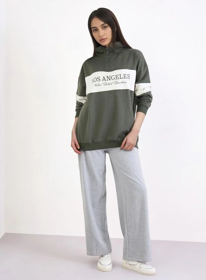 Styli Styli Green Slogan Print Longline Sweatshirt