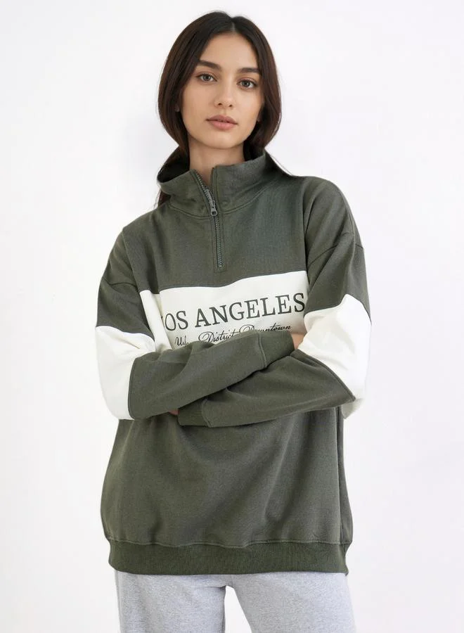 Styli Styli Green Slogan Print Longline Sweatshirt