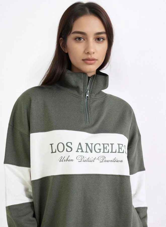 Styli Styli Green Slogan Print Longline Sweatshirt