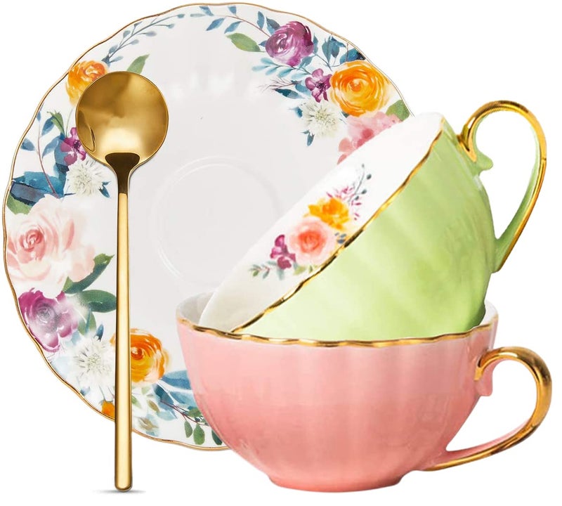 ONEUSTAR Tea Cup and Saucer Set for 2 Bone China English Tea Cup Floral Teacups Coffee Latte Mugs for Mothers Day Women Birthday Party Gifts 8 Oz