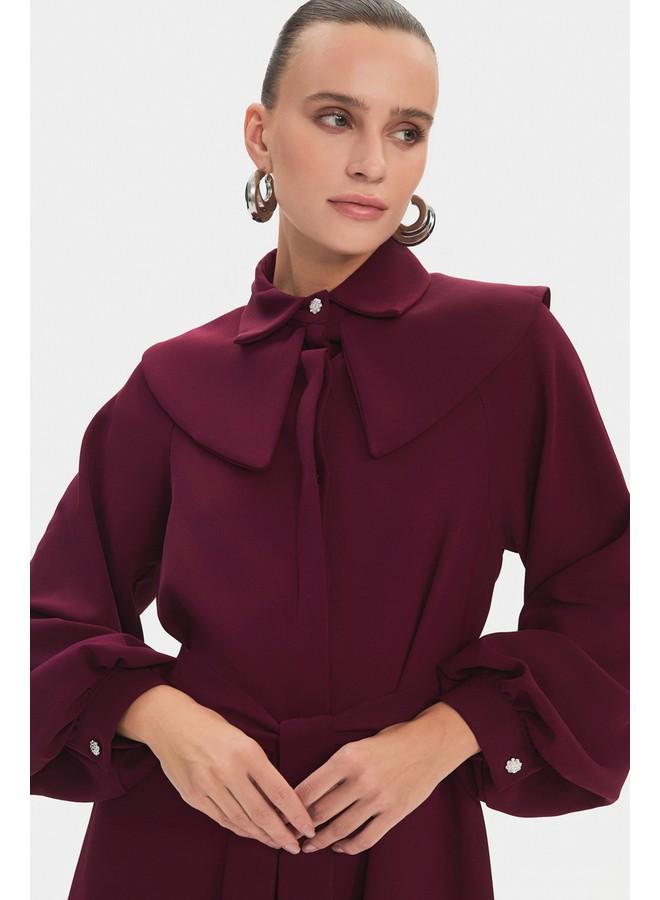 June Women Doll Collar Balloon Sleeve Waist Tie Detailed Maxi Dress Burgundy - Image 4