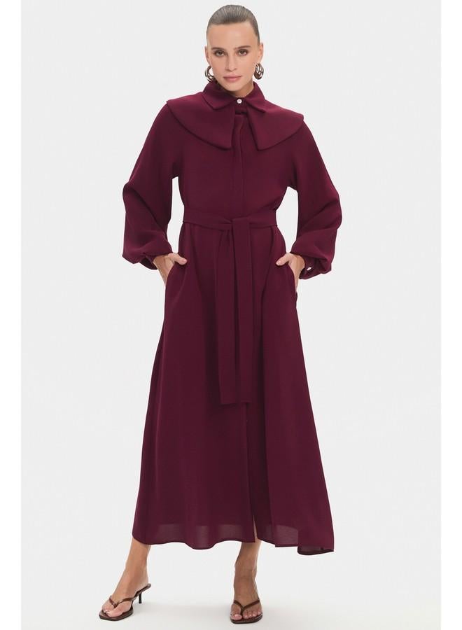 June Women Doll Collar Balloon Sleeve Waist Tie Detailed Maxi Dress Burgundy - Image 1