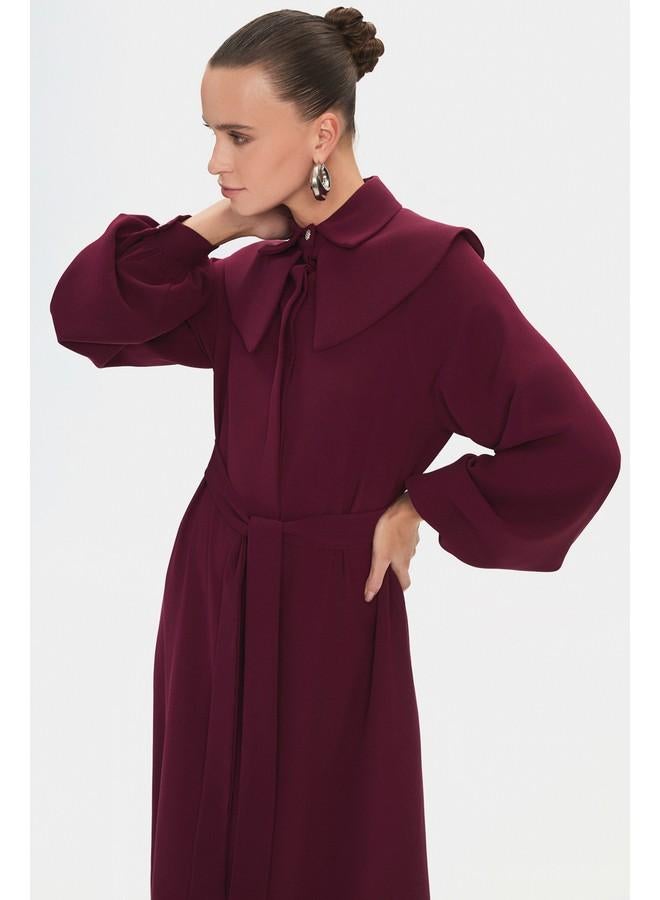 June Women Doll Collar Balloon Sleeve Waist Tie Detailed Maxi Dress Burgundy - Image 3