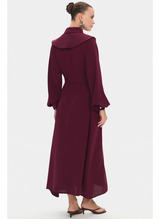 June Women Doll Collar Balloon Sleeve Waist Tie Detailed Maxi Dress Burgundy - Image 5