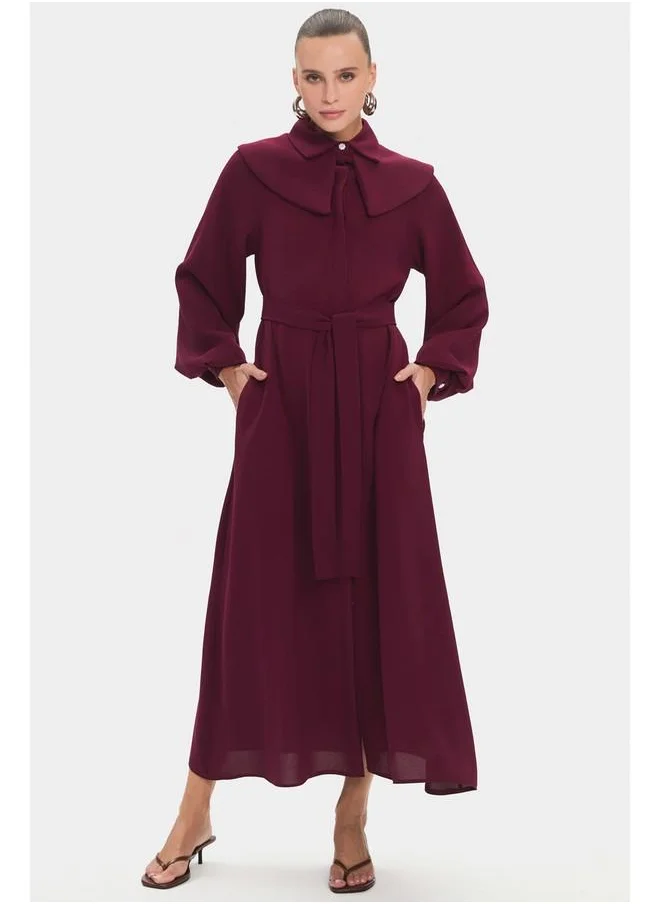 جون June Women Doll Collar Balloon Sleeve Waist Tie Detailed Maxi Dress Burgundy