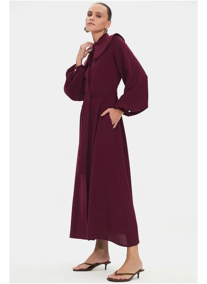 جون June Women Doll Collar Balloon Sleeve Waist Tie Detailed Maxi Dress Burgundy