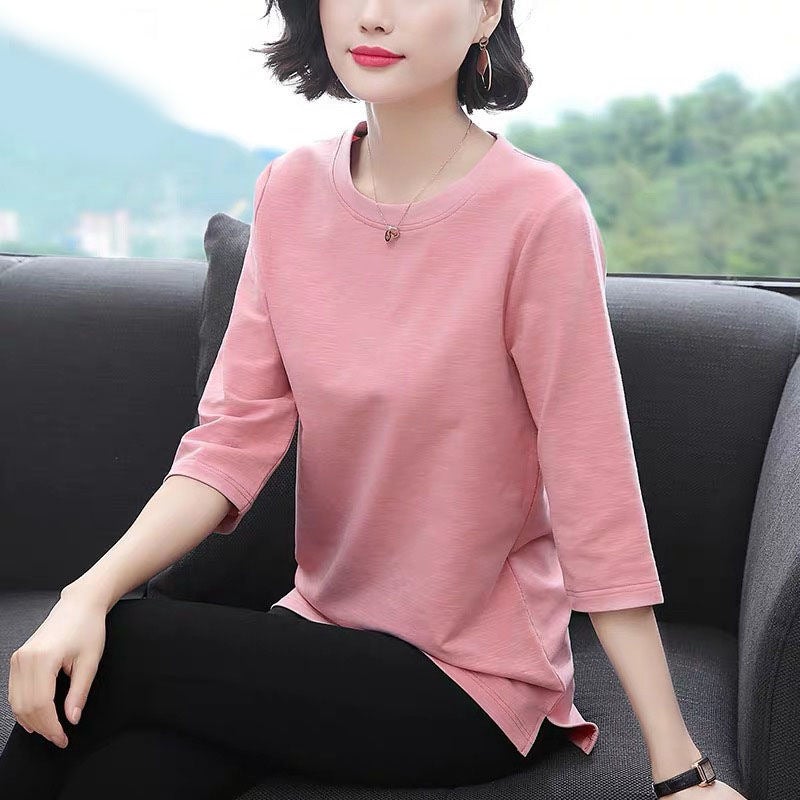 Spring and Summer Wear Korean Style New Short-sleeved T-shirt Women's Seven-sleeved Top Base Shirt Long-sleeved Mother's Loose plus size Women - Image 3