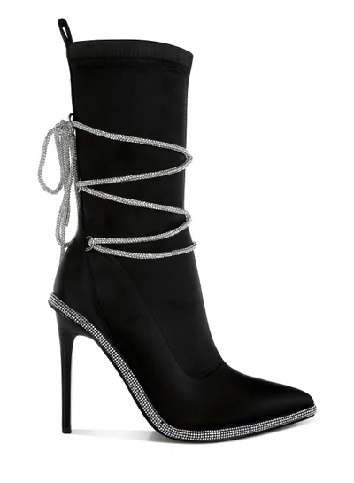 London Rag Rhinestones Strap Satin Calf Boots in Black