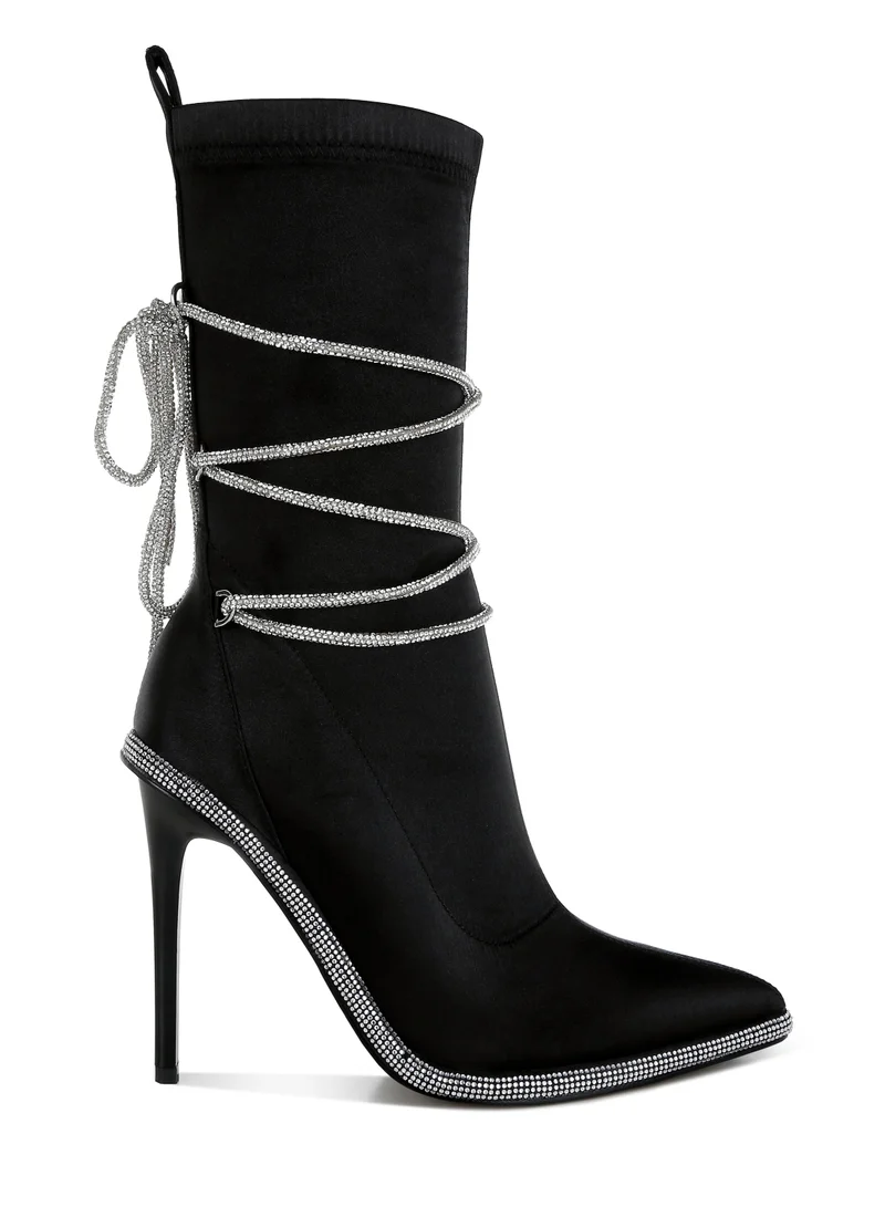 London Rag Rhinestones Strap Satin Calf Boots in Black