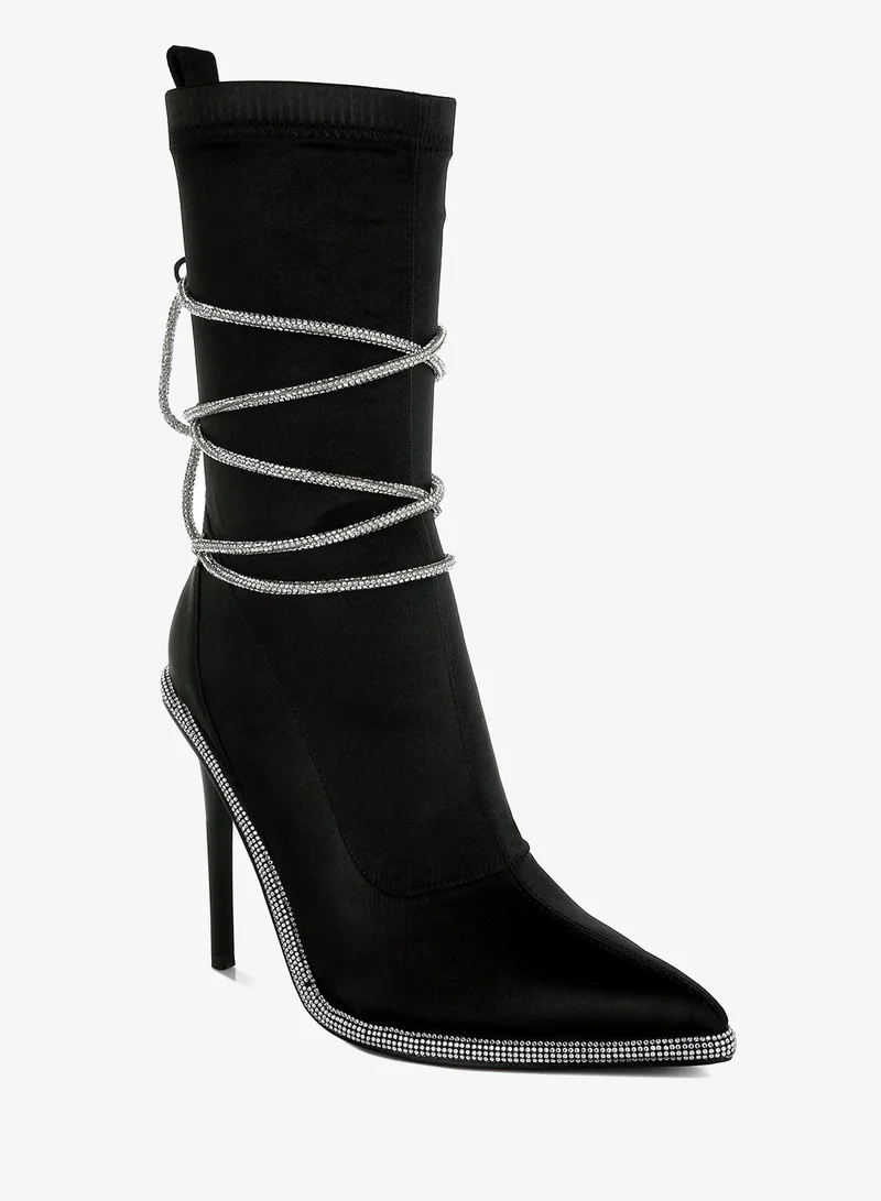 London Rag Rhinestones Strap Satin Calf Boots in Black