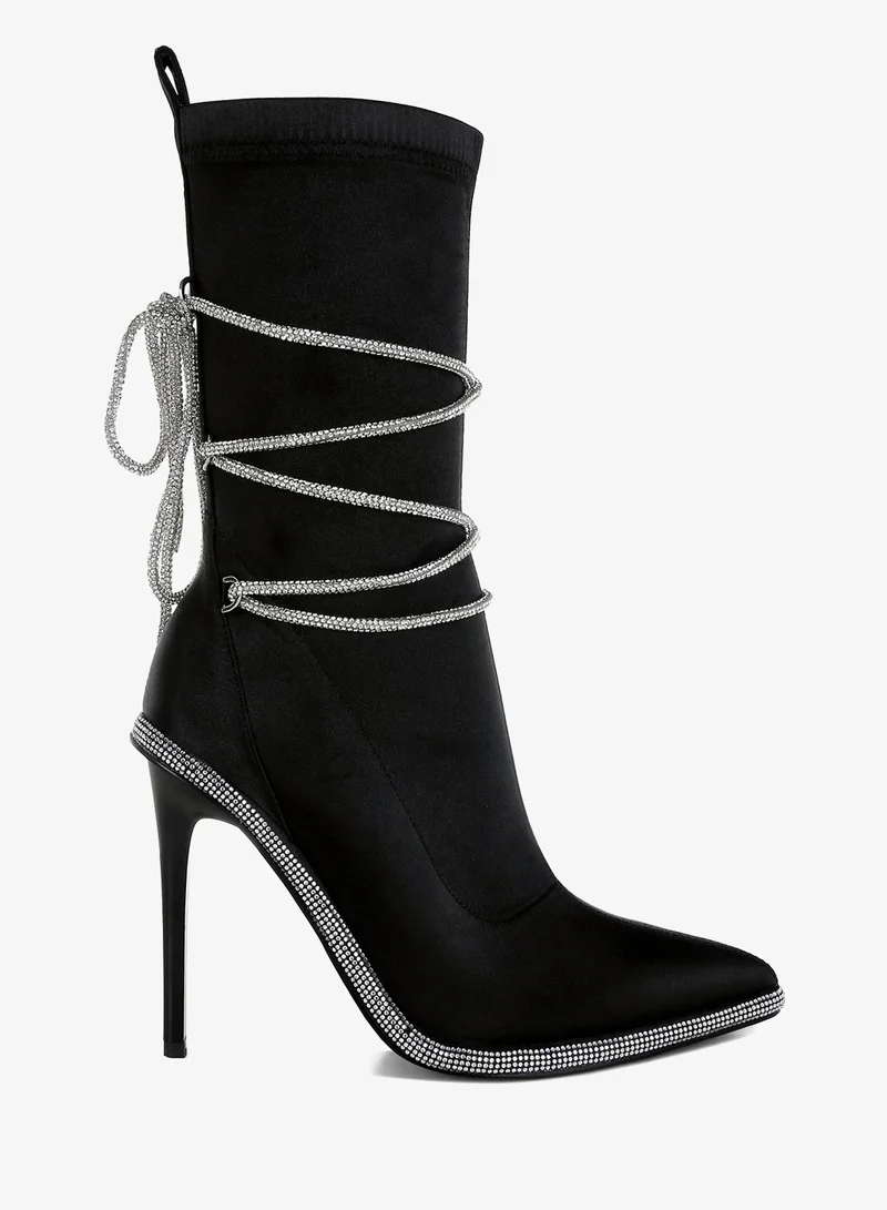 Rhinestones Strap Satin Calf Boots in Black