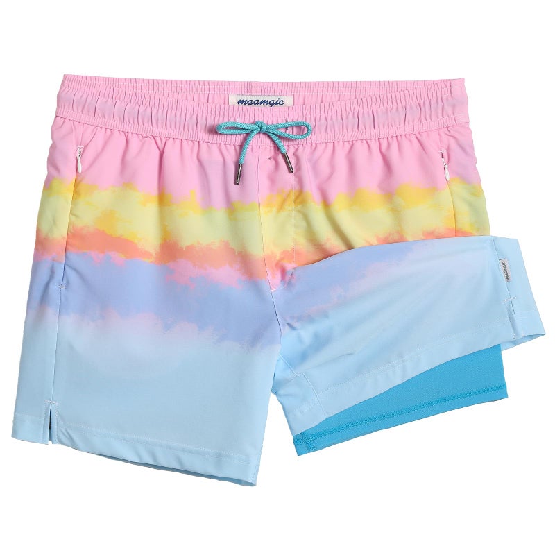maamgic Mens Swim Trunks with Compression Liner 5 Inch, Quick Dry Bathing Suit with Zipper Pockets, Stretch No-Chafing Swim Shorts, Sunset by The Sea Medium - Image 1