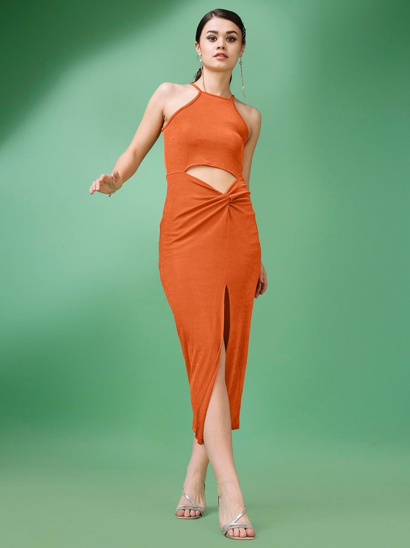 PURVAJA Women’s Bodycon Below Knee Length Dress (Shine-015-Carrot_Orange_Medium) - Image 4