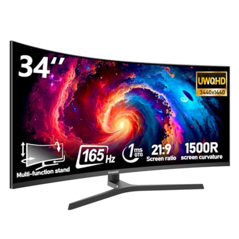 Ultrawide 21:9 Gaming Monitor UWQHD 165Hz Curved 1500R For PC Gaming RGB Backlight HDMI DisplayPort 34-Inch VA Panel 1ms Response Time - Image 1