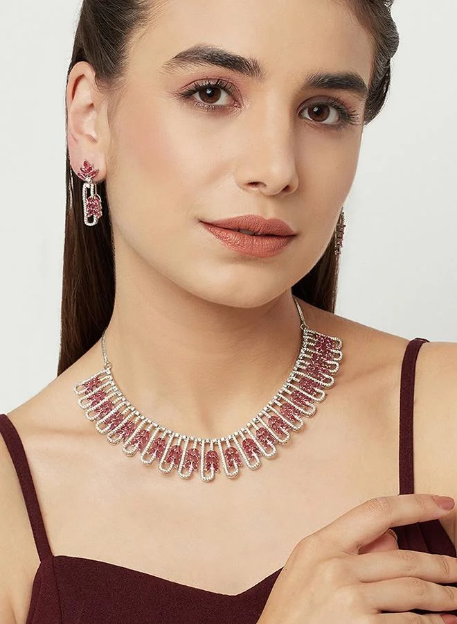 VOYLLA Red and White CZ Gems Silver Plated Necklace Set