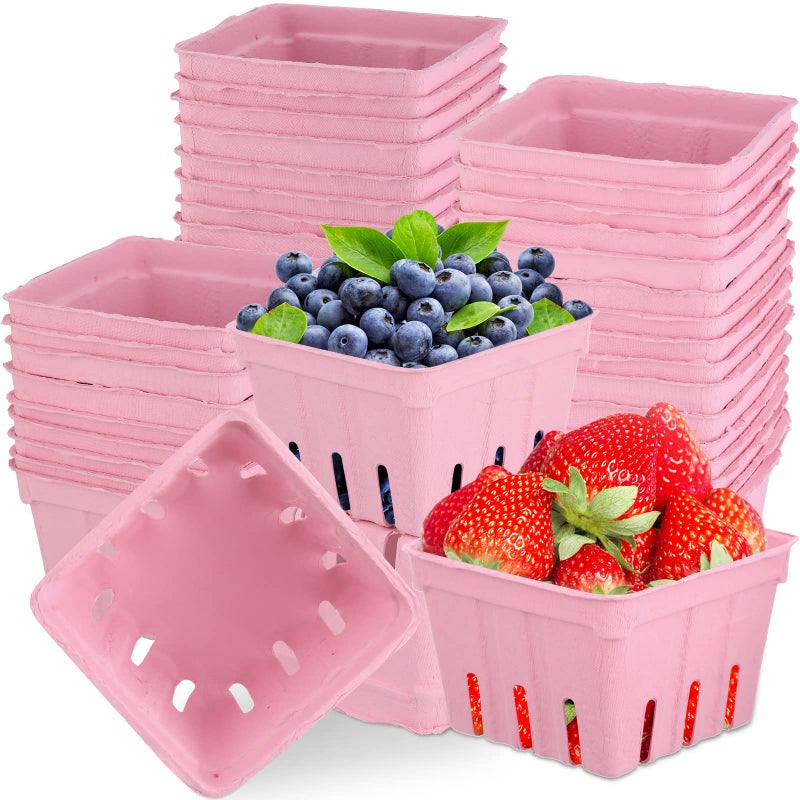 Amyhill 150 Pack Molded Pulp Fiber Berry Baskets 43 x 43 x 3 Inch 1 Pint Produce Vented Containers Strawberry Fruit Baskets for Vegetable Food Farmer Market Grocery Stores Pink