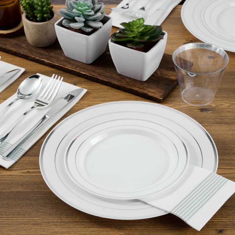 FOCUSLINE Silver Plastic Plates Set of 60, Disposable Plates with Silver Rim 30 Dinner Plates 10" and 30 Salad Dessert Appetizer Plate 7", Elegant Fancy Heavy Duty Wedding Party Plates - Image 5