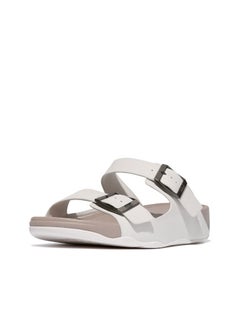 049-828 Fitflop Men Sandals Gogh Moc Mens Buckle Tumbled-Leather Slides - Urban White JA2-194 White