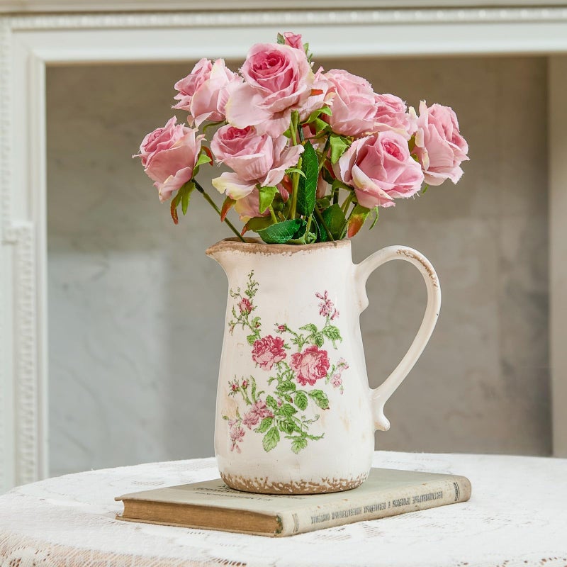 Teweiqi Vintage Rose Flora Ceramic Vase with Handle, Retro Ice Glazed Crack Farmhouse Pitcher Vase for Home Decor, Living Room, Shelf, Office, Rustic Table Centerpiece 7 Inch - Image 1