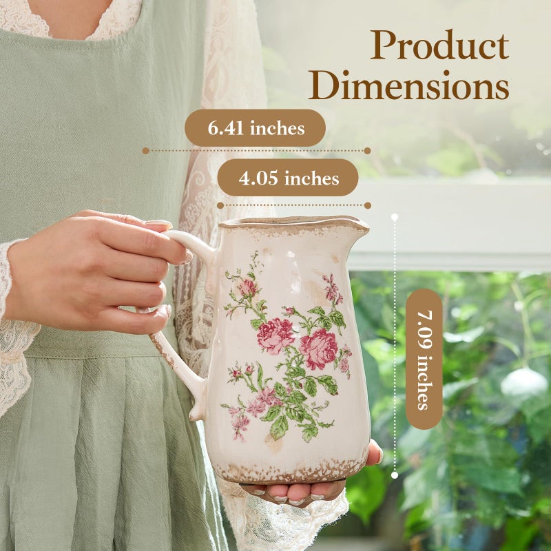 Teweiqi Vintage Rose Flora Ceramic Vase with Handle, Retro Ice Glazed Crack Farmhouse Pitcher Vase for Home Decor, Living Room, Shelf, Office, Rustic Table Centerpiece 7 Inch - Image 2