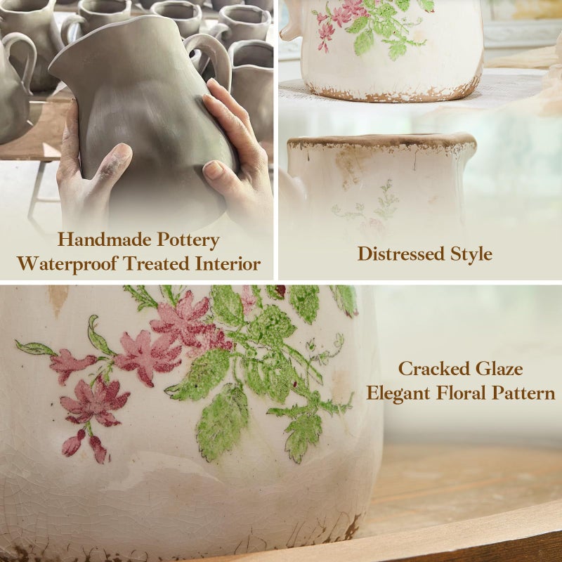 Teweiqi Vintage Rose Flora Ceramic Vase with Handle, Retro Ice Glazed Crack Farmhouse Pitcher Vase for Home Decor, Living Room, Shelf, Office, Rustic Table Centerpiece 7 Inch - Image 4