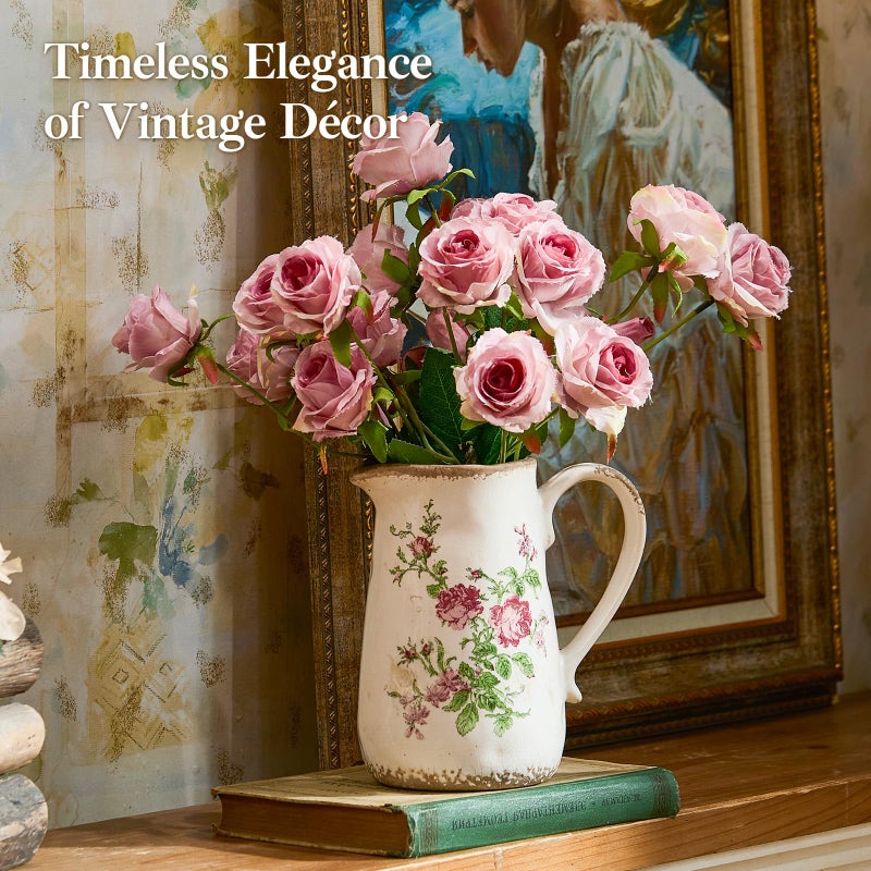 Teweiqi Vintage Rose Flora Ceramic Vase with Handle, Retro Ice Glazed Crack Farmhouse Pitcher Vase for Home Decor, Living Room, Shelf, Office, Rustic Table Centerpiece 7 Inch - Image 3