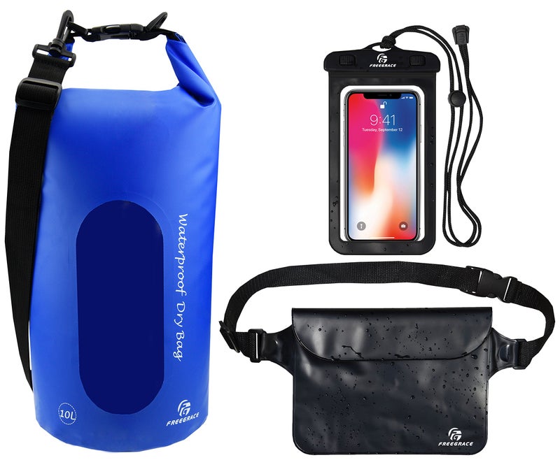 Freegrace Waterproof Dry Bags Set Of 3 Dry Bag With 2 Zip Lock Seals & Detachable Shoulder Strap, Waist Pouch & Phone Case - Can Be Submerged Into Water - For Swimming (Navy Blue(Window), 10L) - Image 1
