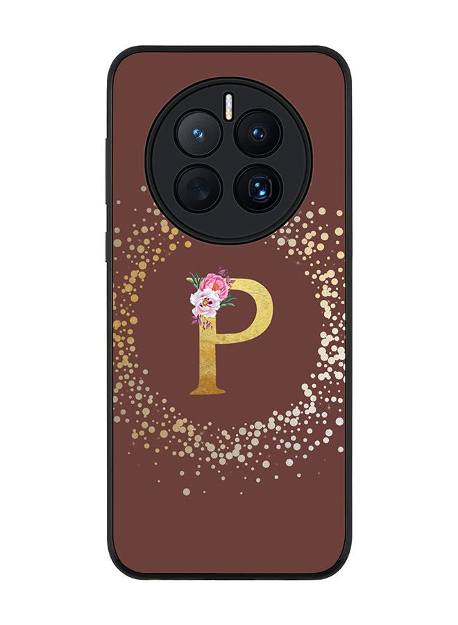 Stylizedd Rugged Black edge case for Huawei Mate 50 Slim fit Soft Case Flexible Rubber Edges TPU Gel Thin Cover - Custom Monogram Initial Letter Floral Pattern Alphabet - P (Brown) - Image 1