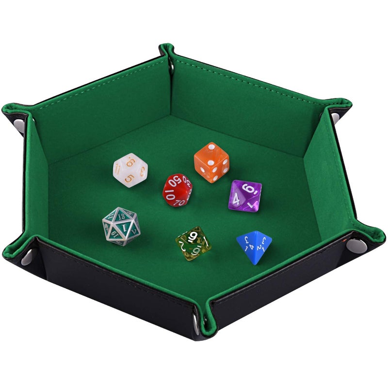 SIQUK Double Sided Dice Tray Folding Hexagon PU Leather and Dark Green Velvet Dice Holder for Dungeons and Dragons RPG Dice Gaming DD and Other Table Games