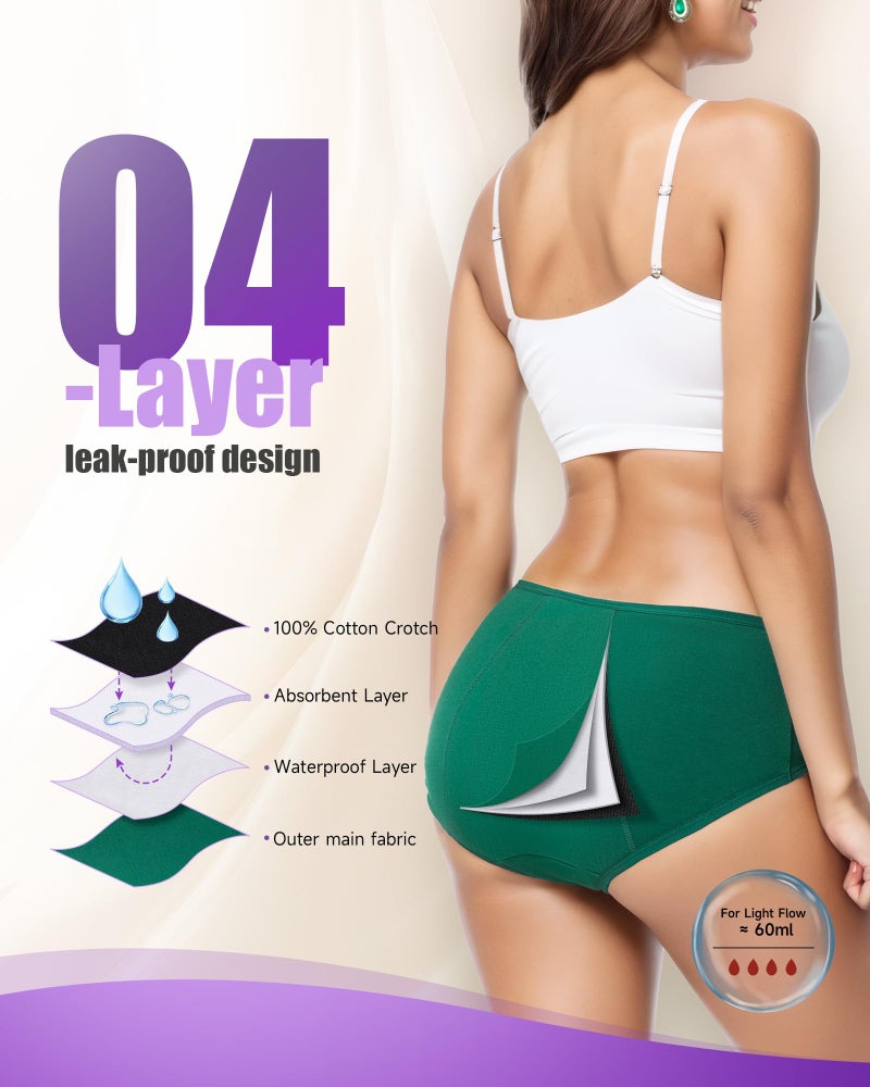 TANSTC Overnight Menstrual Underwear Women Heavy Flow Leakproof Cotton Hipster Briefs 3 Pack Dark Color L - Image 3