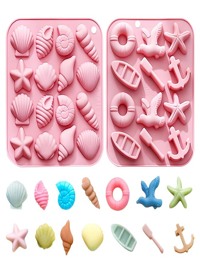 Fchil Seashell and Nautical Silicone Mold Set, 2 Pack Pink Ice Cube Trays with Starfish Anchor Shell Designs - Image 1